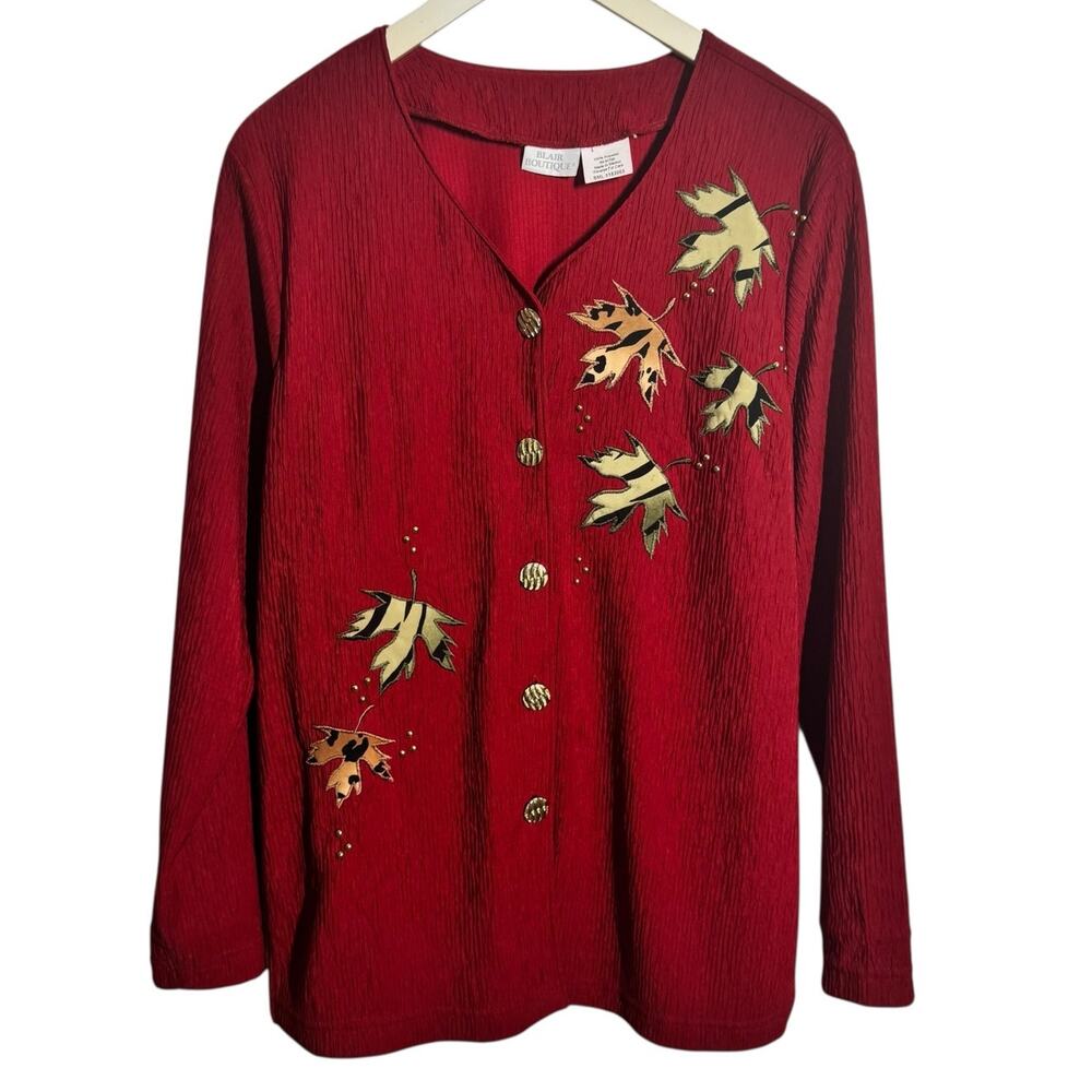 Vtg‎ Blair Boutique Top Women S Red Animal Print Leaf Fall Embroidery Holiday